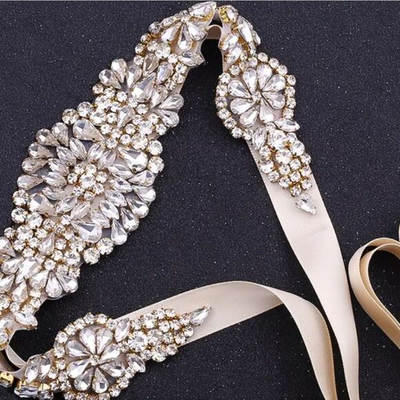 Black Friday Deals ◇Elegant Rose Gold Elaborate Rhinestone Floral Thin Sash Belt - Picture 3 of 9